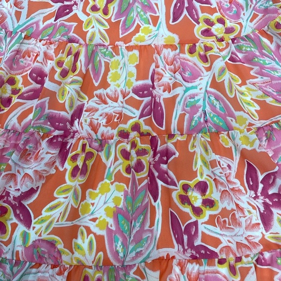 NWOT Chaps Coral Pink Yellow Floral Lined Tiered Chiffon Midi Skirt MP - Picture 14 of 14